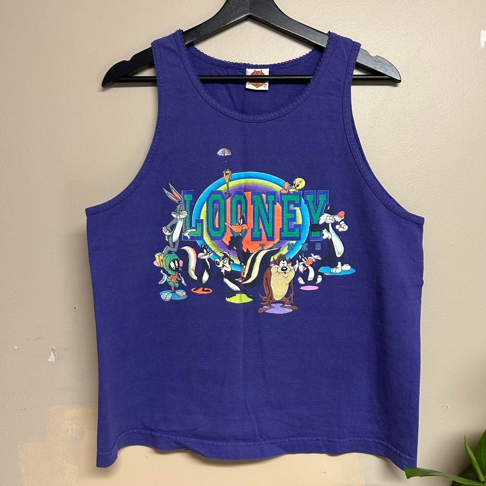 Vintage 90s Looney Tunes Graphic Purple Tank Top Womens Large Bugs Bunny Retro